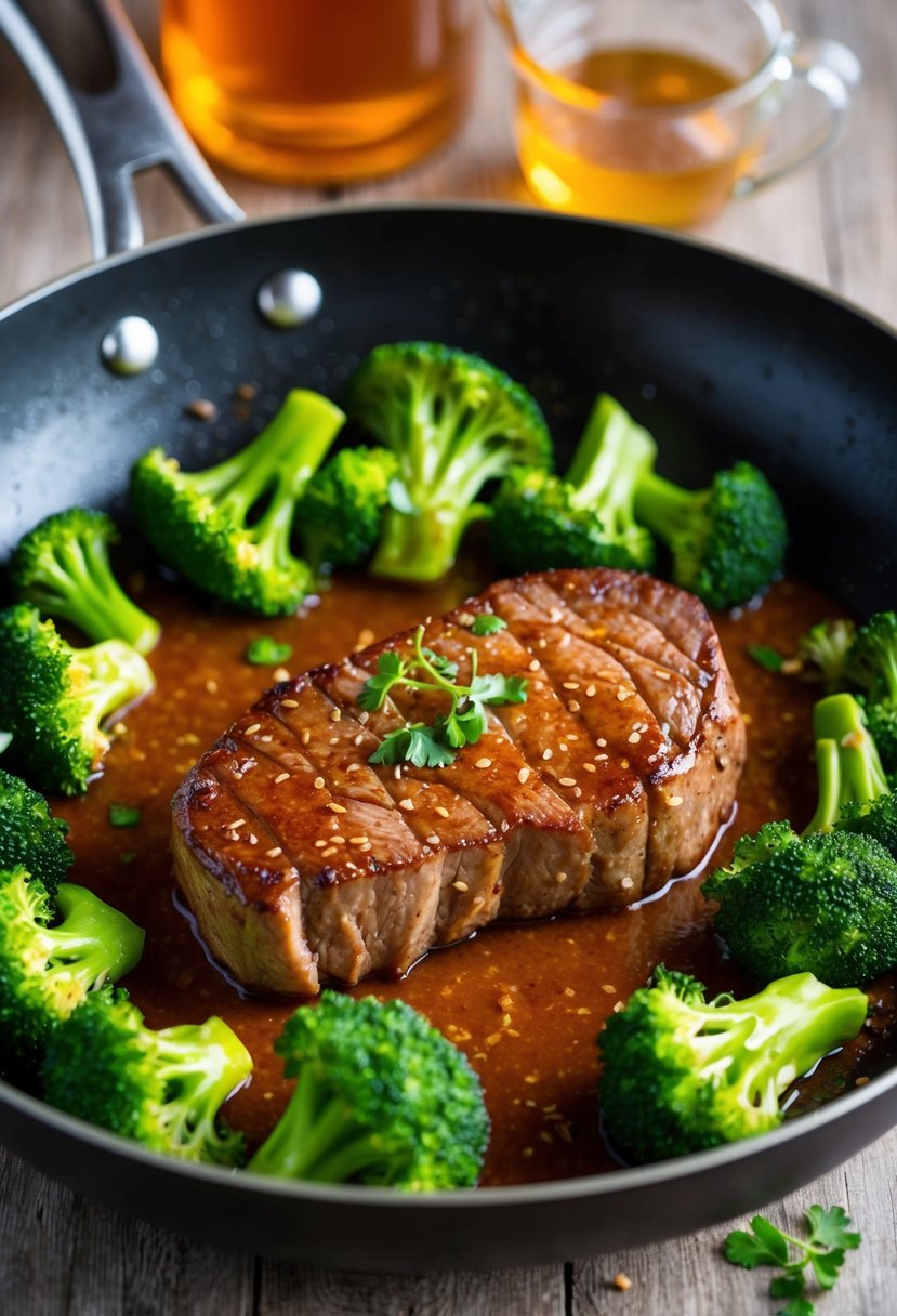 A sizzling striploin steak cooks in a honey soy glaze, surrounded by vibrant green broccoli florets in a sizzling stir-fry pan