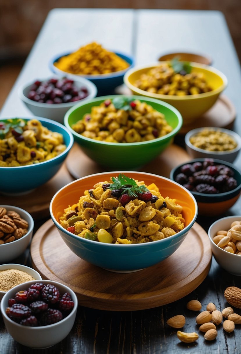 A table set with colorful bowls of Shufta, surrounded by ingredients like nuts, dried fruits, and spices