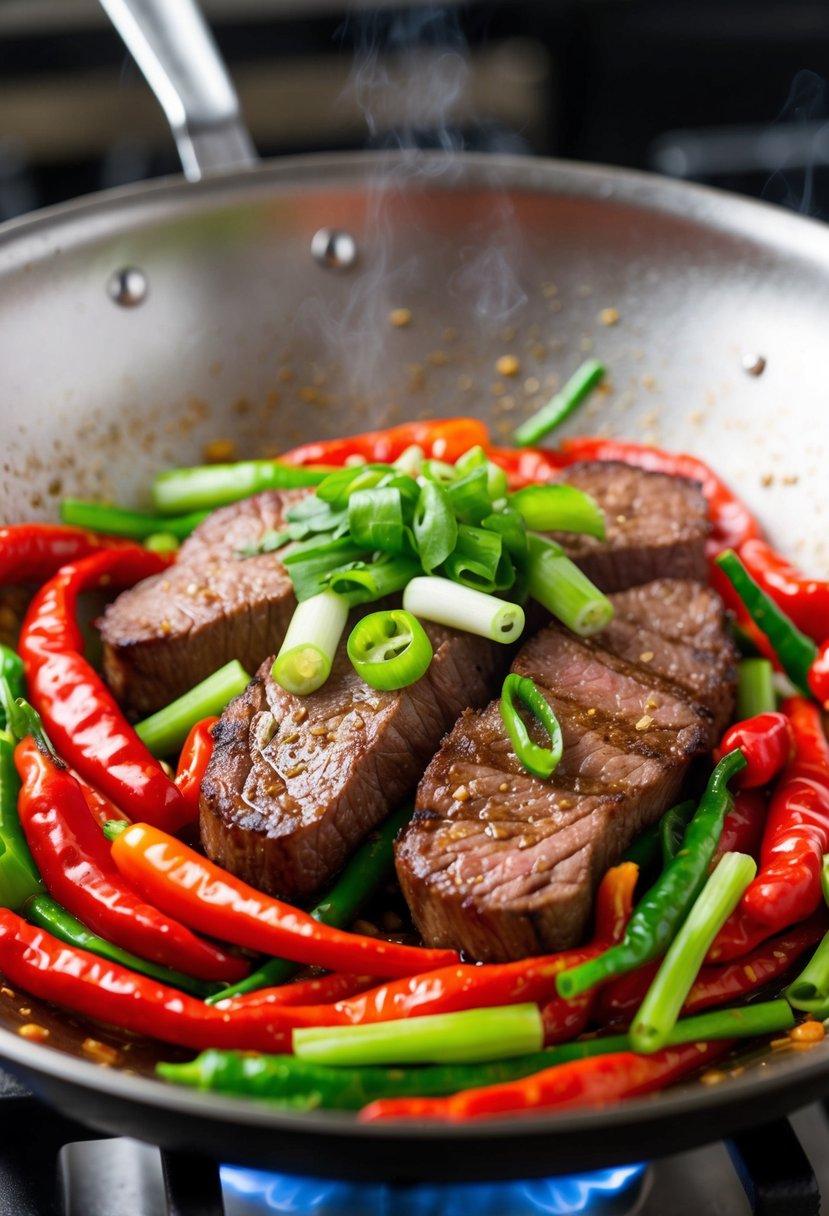 A sizzling Szechuan striploin steak stir-fry, with vibrant red chili peppers and green scallions, sizzling in a hot wok