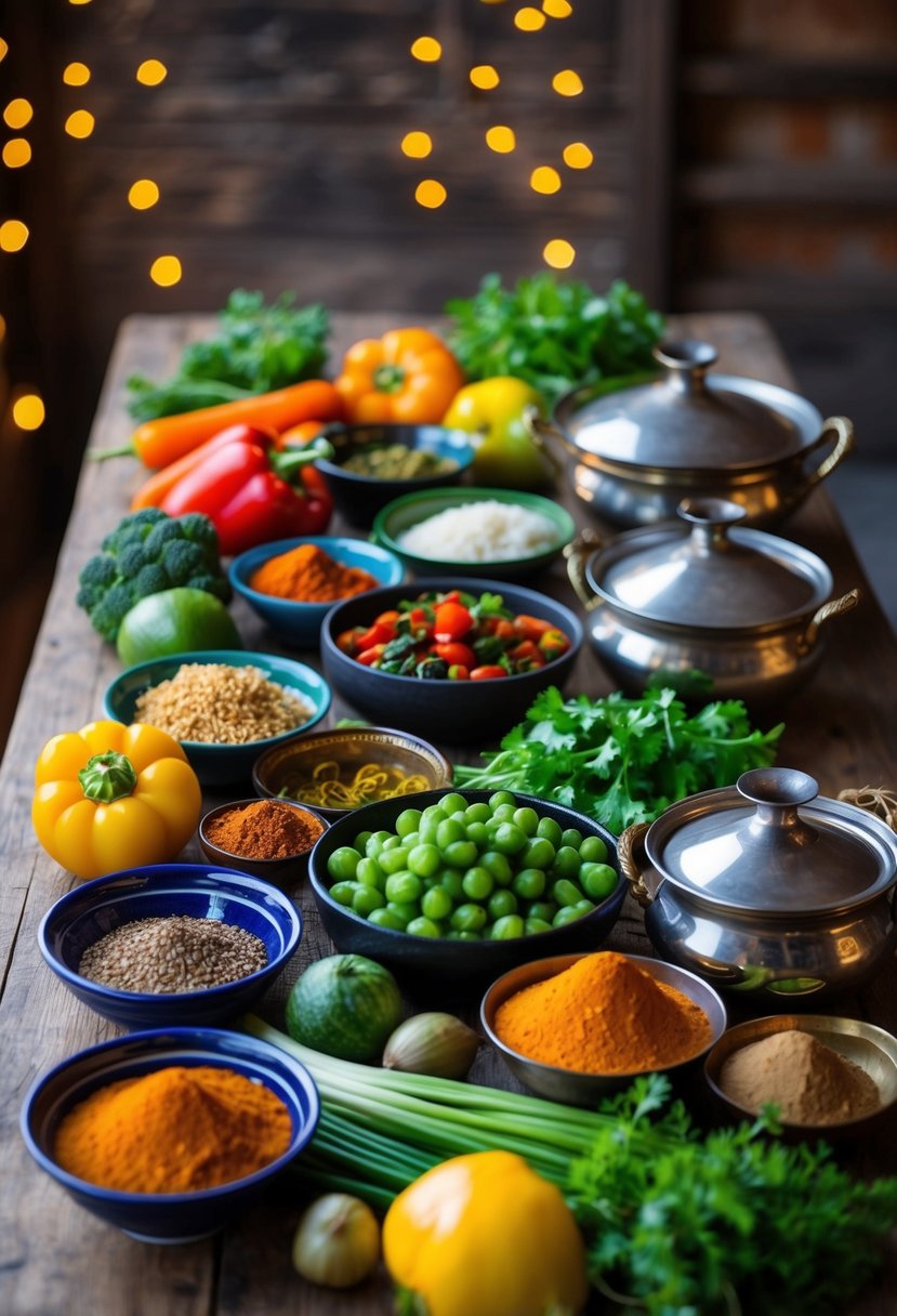 A colorful array of fresh vegetables, aromatic spices, and traditional Kashmiri cookware on a rustic wooden table