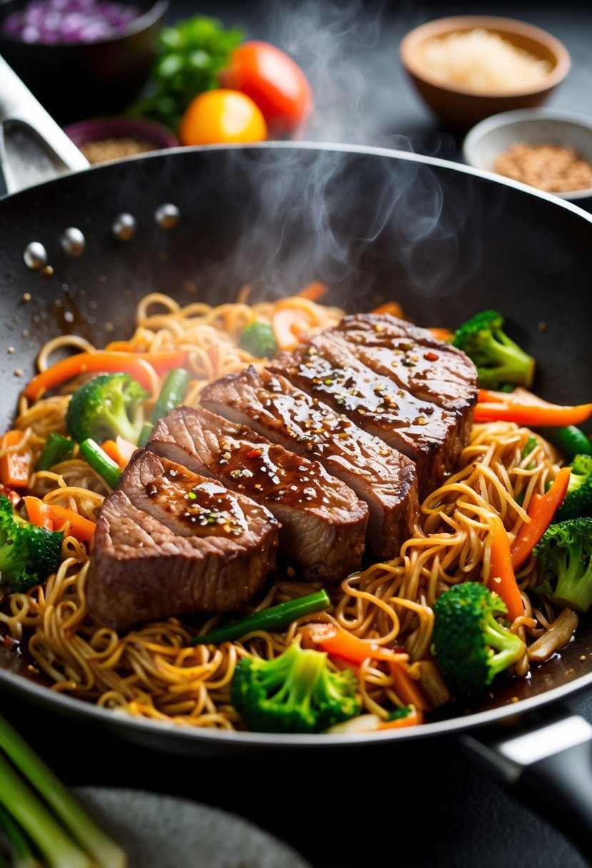 A sizzling striploin steak stir-fry in a hot wok with teriyaki sauce and noodles, surrounded by colorful vegetables and aromatic spices