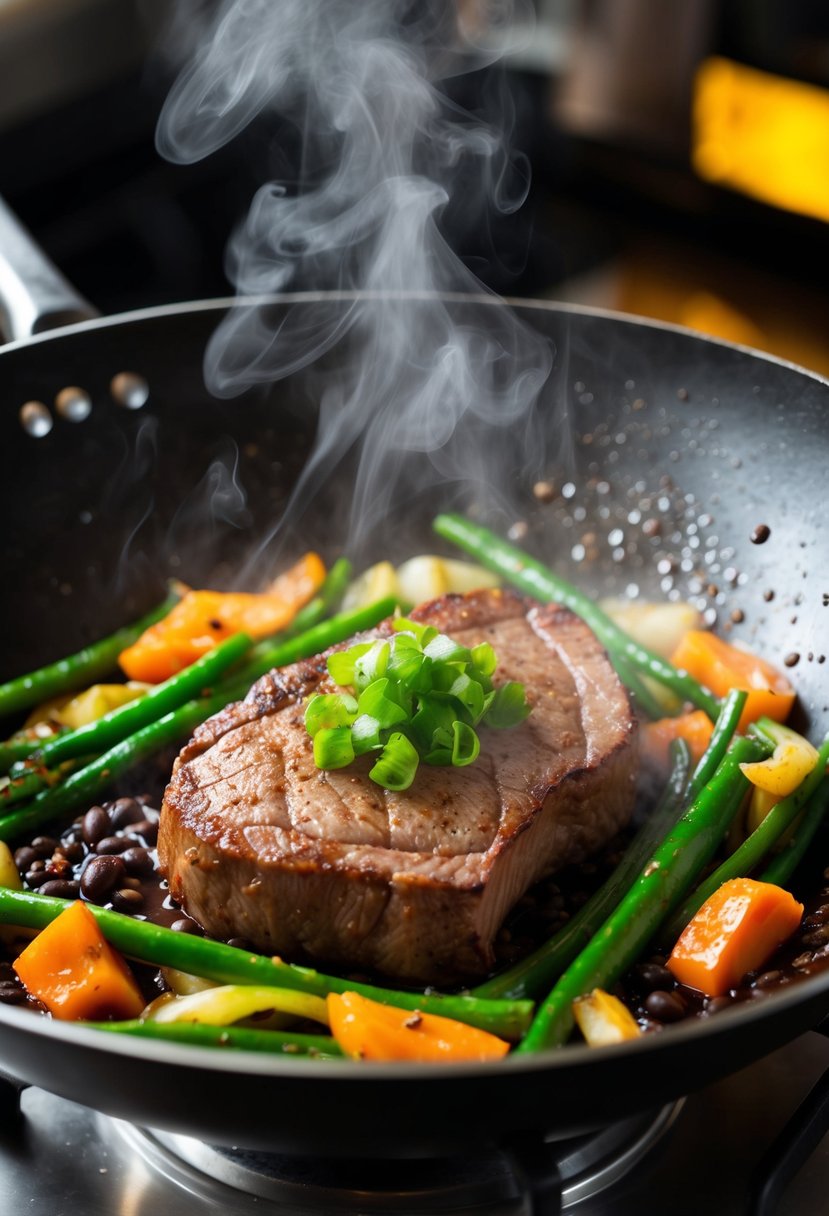 A sizzling striploin steak sizzling in a wok with black bean sauce and stir-fry vegetables, steam rising from the pan