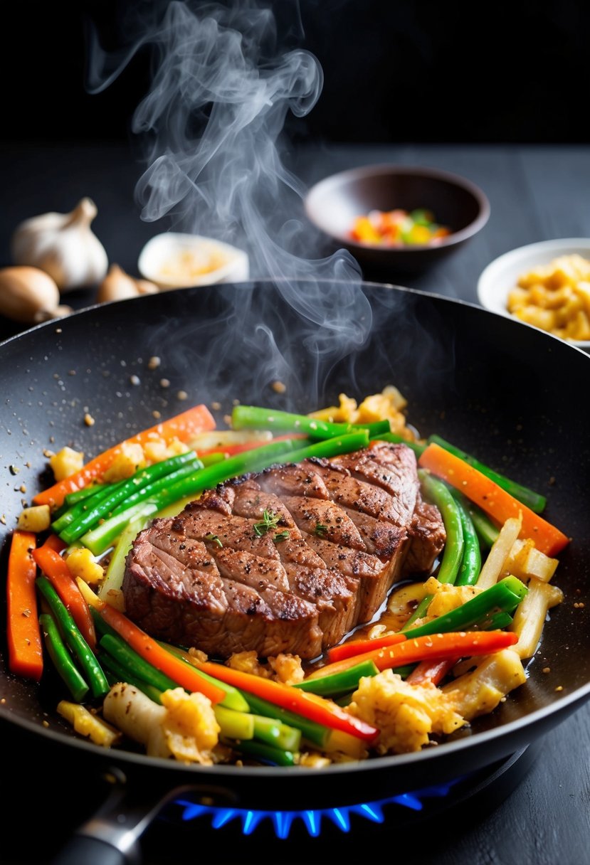 A sizzling striploin steak stir-fry in a wok with ginger, garlic, and colorful vegetables, steam rising and vibrant colors