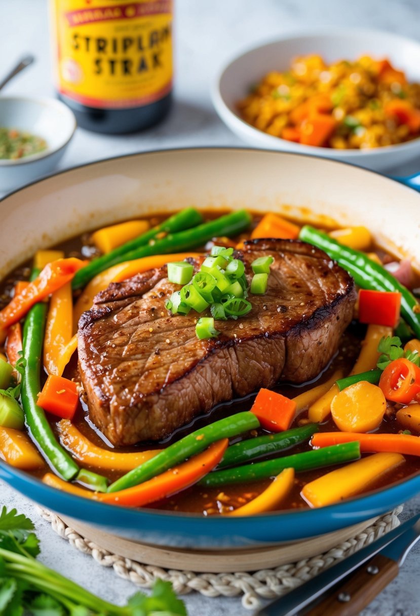 A sizzling striploin steak stir-frying in a sweet and sour sauce with colorful vegetables and spices