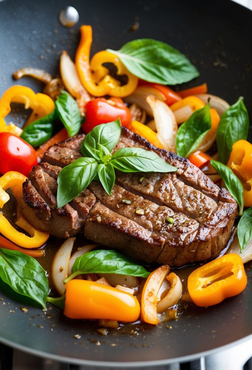 A sizzling striploin steak stir-fry with Thai basil, bell peppers, and onions in a hot wok