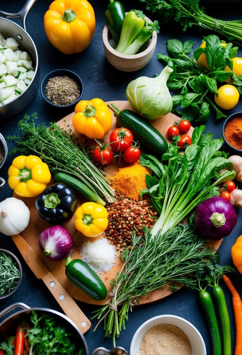 A colorful array of fresh vegetables, herbs, and spices arranged on a wooden cutting board, surrounded by various cooking utensils and pots