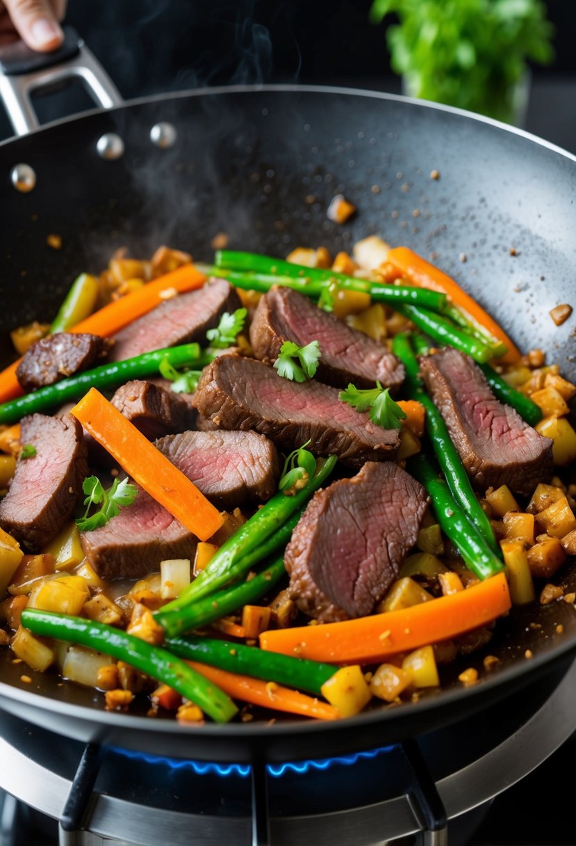 A sizzling stir fry of Mongolian beef and striploin steak in a hot wok, with vibrant vegetables and savory sauce