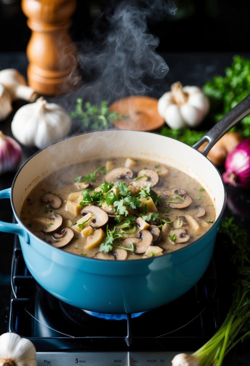 A steaming pot of vegan mushroom stroganoff simmers on the stove, surrounded by fresh ingredients like garlic, onions, and herbs