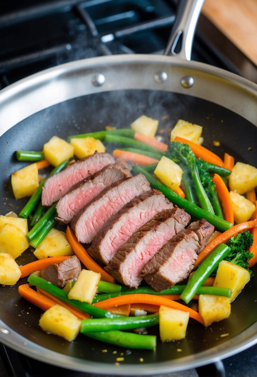 Sizzling stir fry pan with sliced striploin steak, pineapple chunks, and colorful vegetables being tossed together over high heat