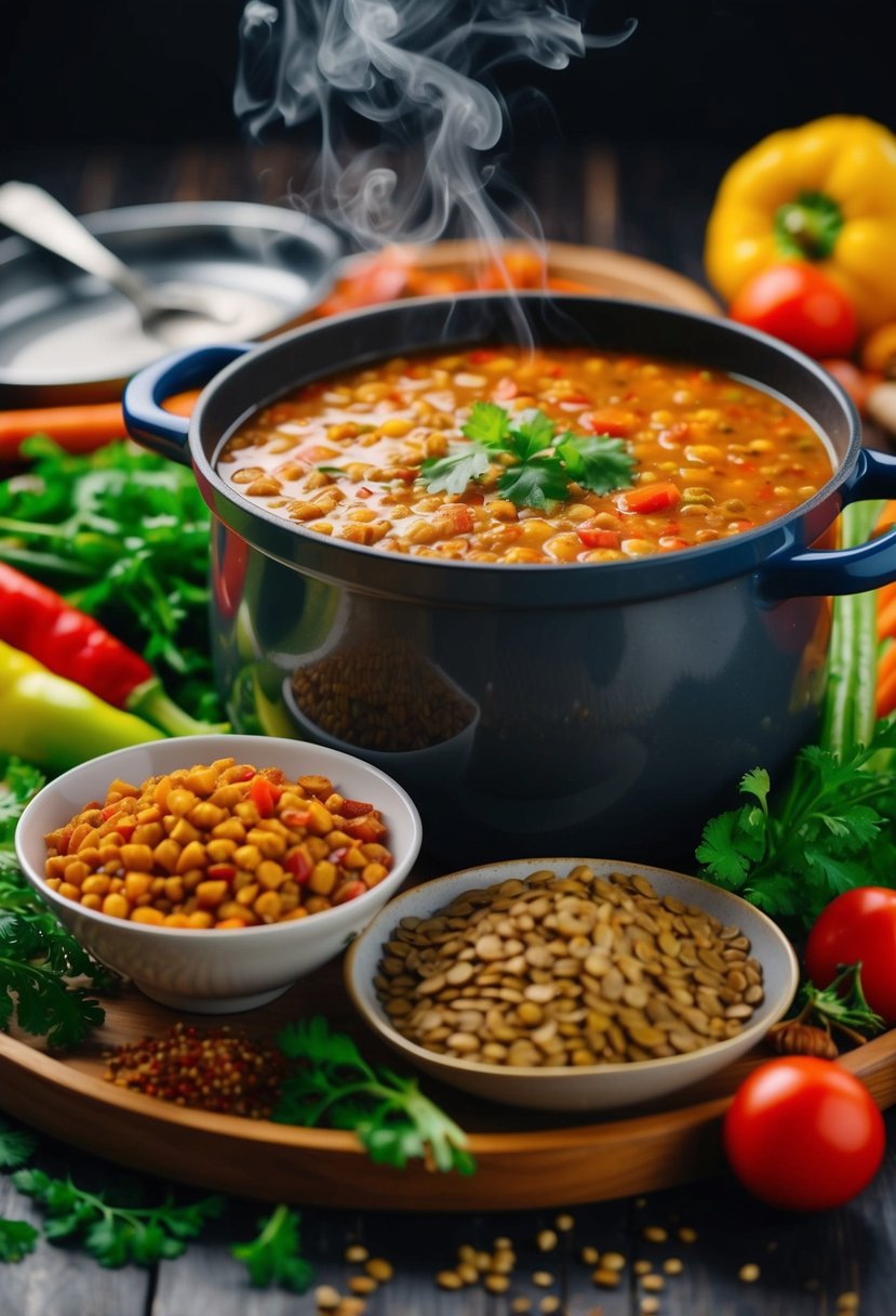 A steaming pot of spicy lentil soup surrounded by colorful vegetables and aromatic spices