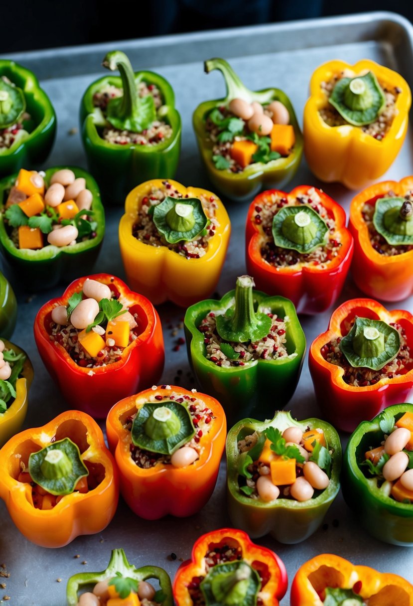 A colorful array of peppers, halved and filled with quinoa, beans, and vegetables, arranged on a baking sheet