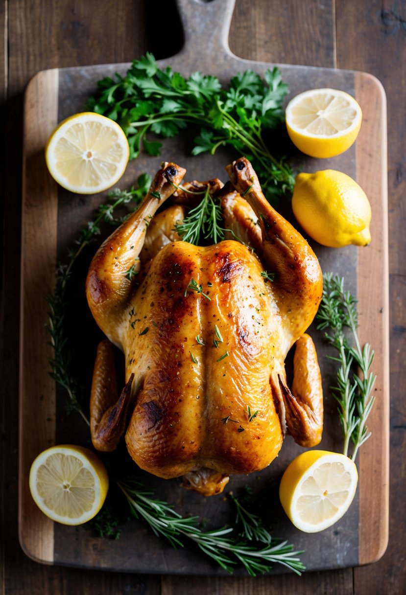 A whole roasted chicken surrounded by fresh lemon and herbs on a rustic wooden cutting board