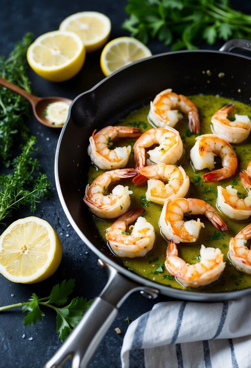 A skillet sizzling with garlic butter shrimp, surrounded by fresh herbs and lemon slices