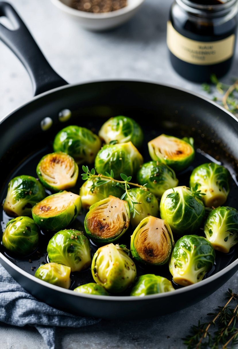 A skillet of balsamic glazed Brussels sprouts, steaming and garnished with cracked black pepper and fresh thyme