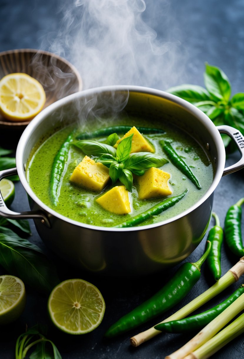 A steaming pot of Thai green curry surrounded by fresh ingredients like lemongrass, Thai basil, and green chilies