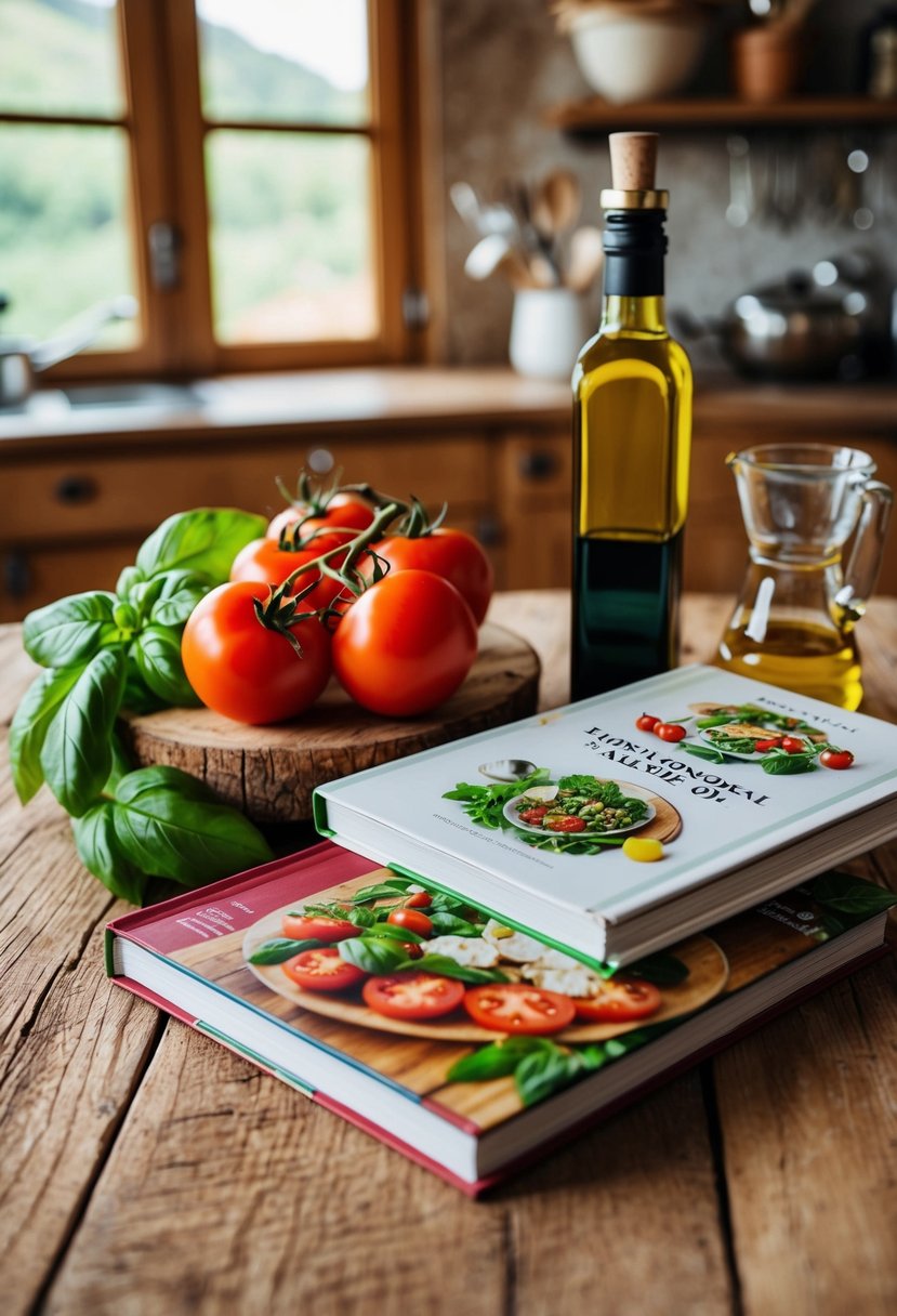 A rustic kitchen with fresh ingredients like tomatoes, basil, and olive oil, alongside a cookbook of traditional northern Italian recipes