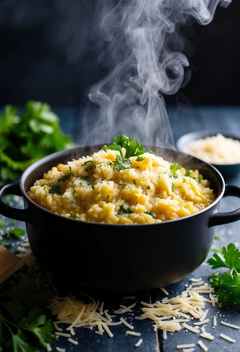 A steaming pot of creamy saffron-infused risotto surrounded by scattered parmesan cheese and fresh parsley