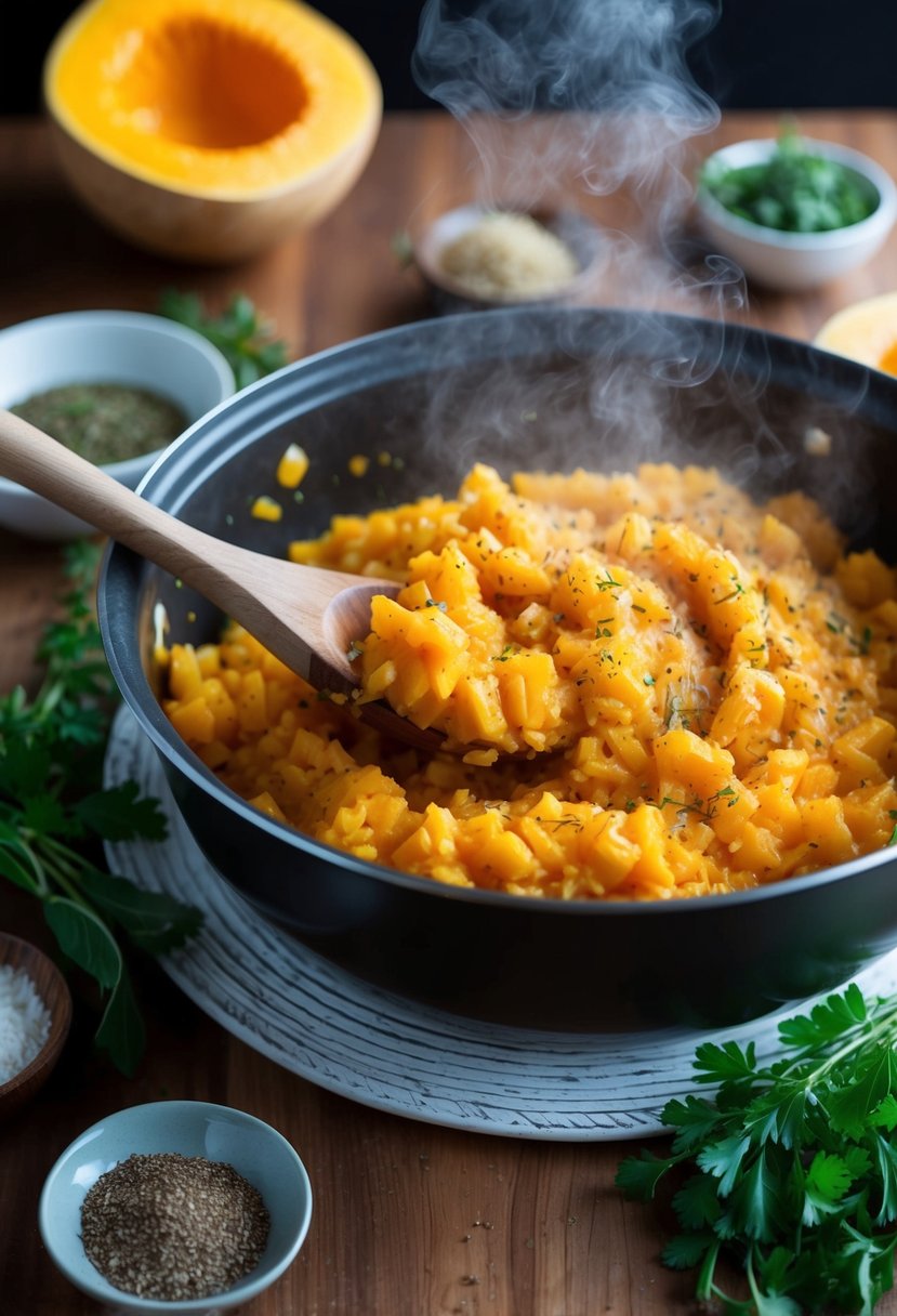 A steaming pot of butternut squash risotto being stirred with a wooden spoon, surrounded by fresh herbs and spices