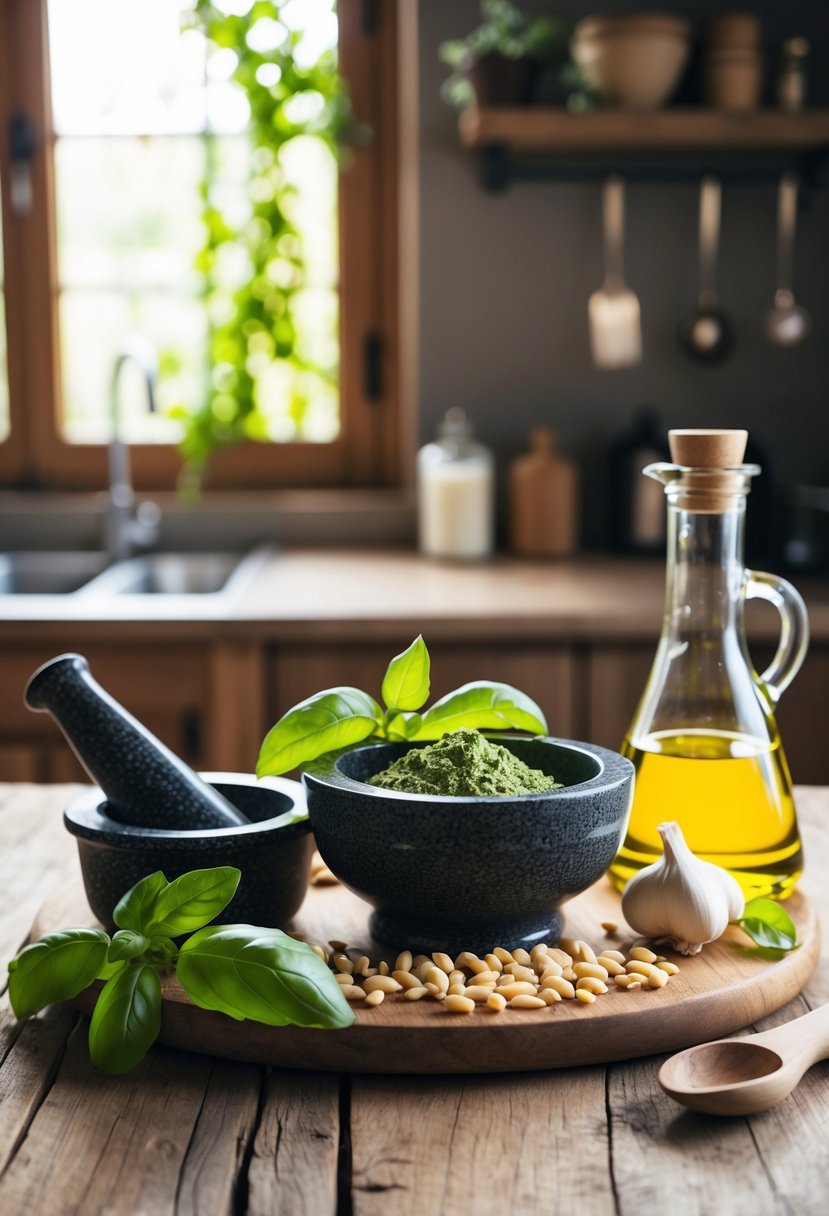 A rustic kitchen with fresh basil, pine nuts, garlic, and olive oil on a wooden table, with a mortar and pestle ready for making Pesto alla Genovese