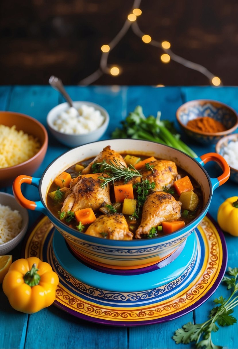 A colorful tagine pot filled with aromatic Moroccan chicken, vegetables, and spices, with no cheese in sight