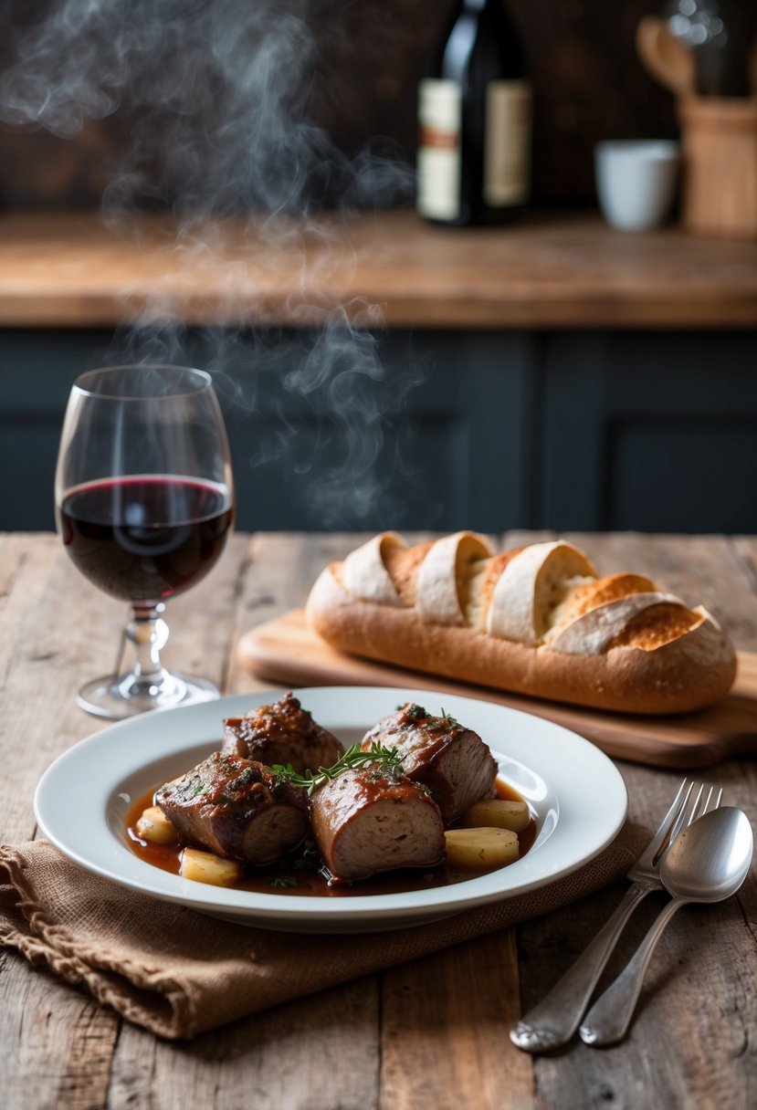 A rustic kitchen table set with a steaming plate of Osso Buco, accompanied by a glass of red wine and a loaf of crusty bread