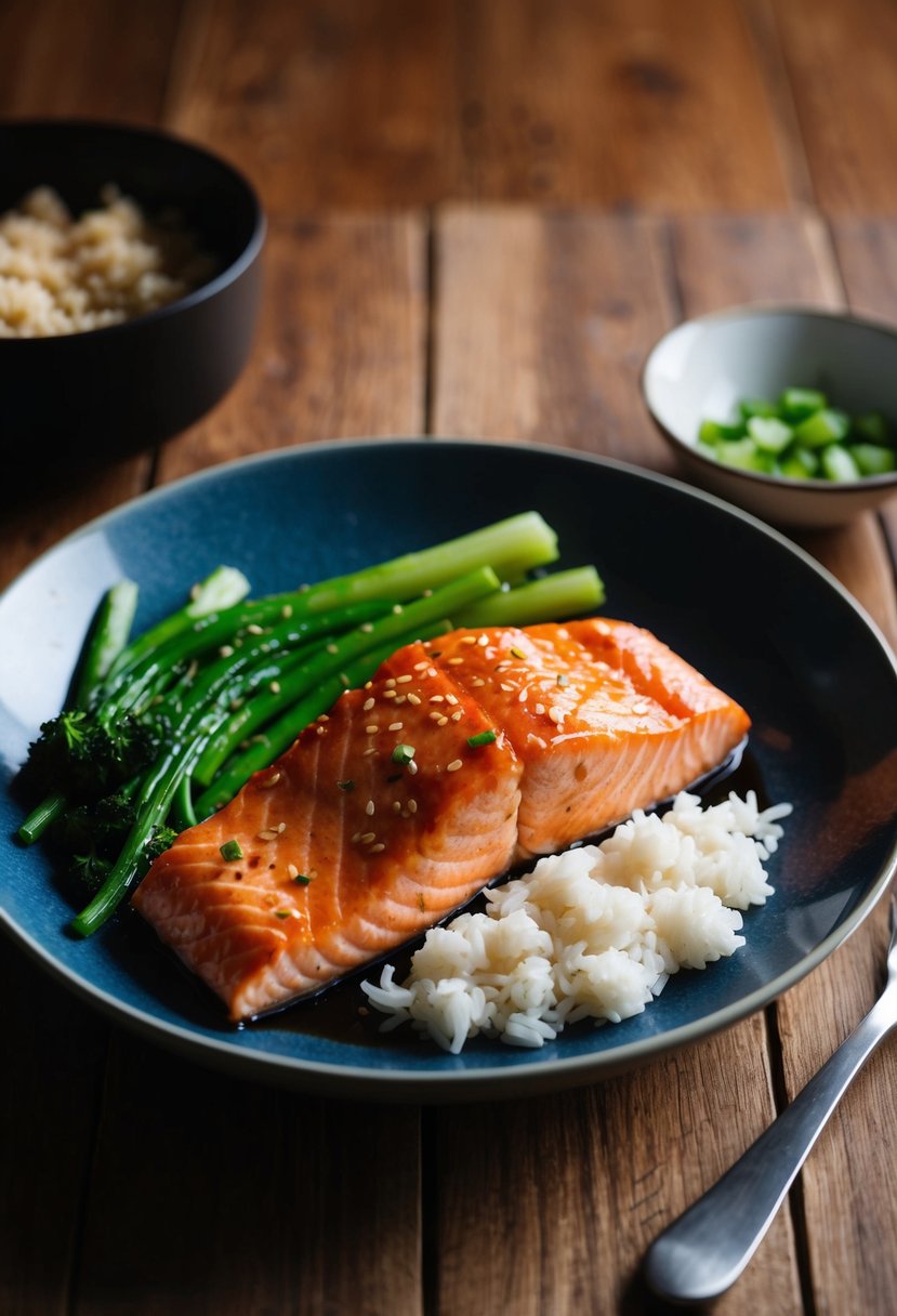 A plate of miso glazed salmon with steamed vegetables and a side of rice on a wooden table