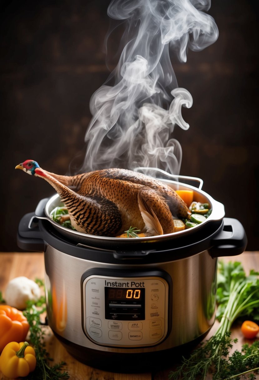 A pheasant being cooked in an Instant Pot with aromatic herbs and vegetables surrounding it. The steam rising from the pot adds a sense of warmth and flavor to the dish