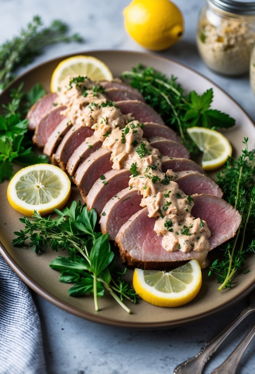 A platter of thinly sliced veal topped with creamy tuna sauce, surrounded by fresh herbs and lemon slices