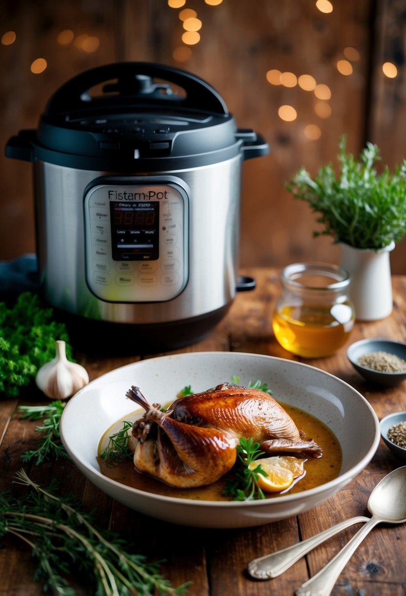 A rustic kitchen with an Instant Pot cooking a honey garlic pheasant dish, surrounded by fresh herbs and spices