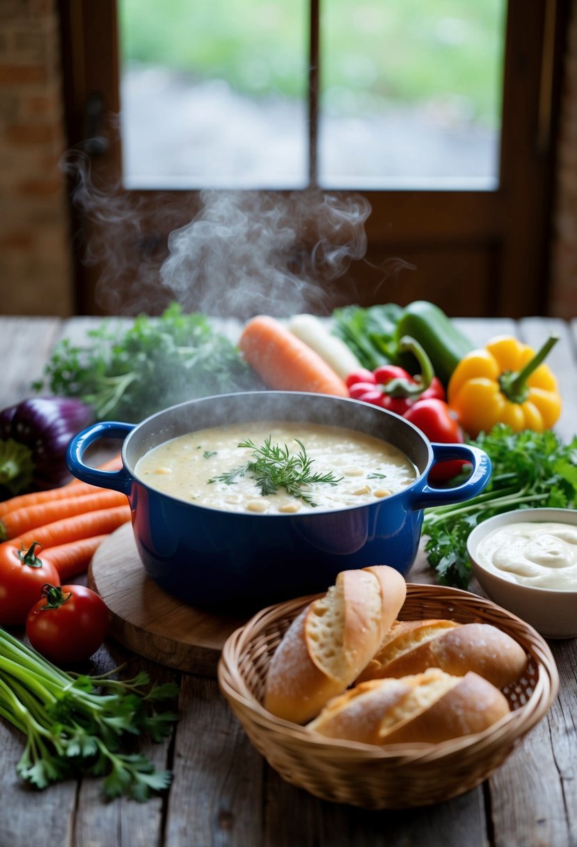 A rustic table set with a steaming pot of bagna cauda, surrounded by an assortment of colorful vegetables and a basket of crusty bread