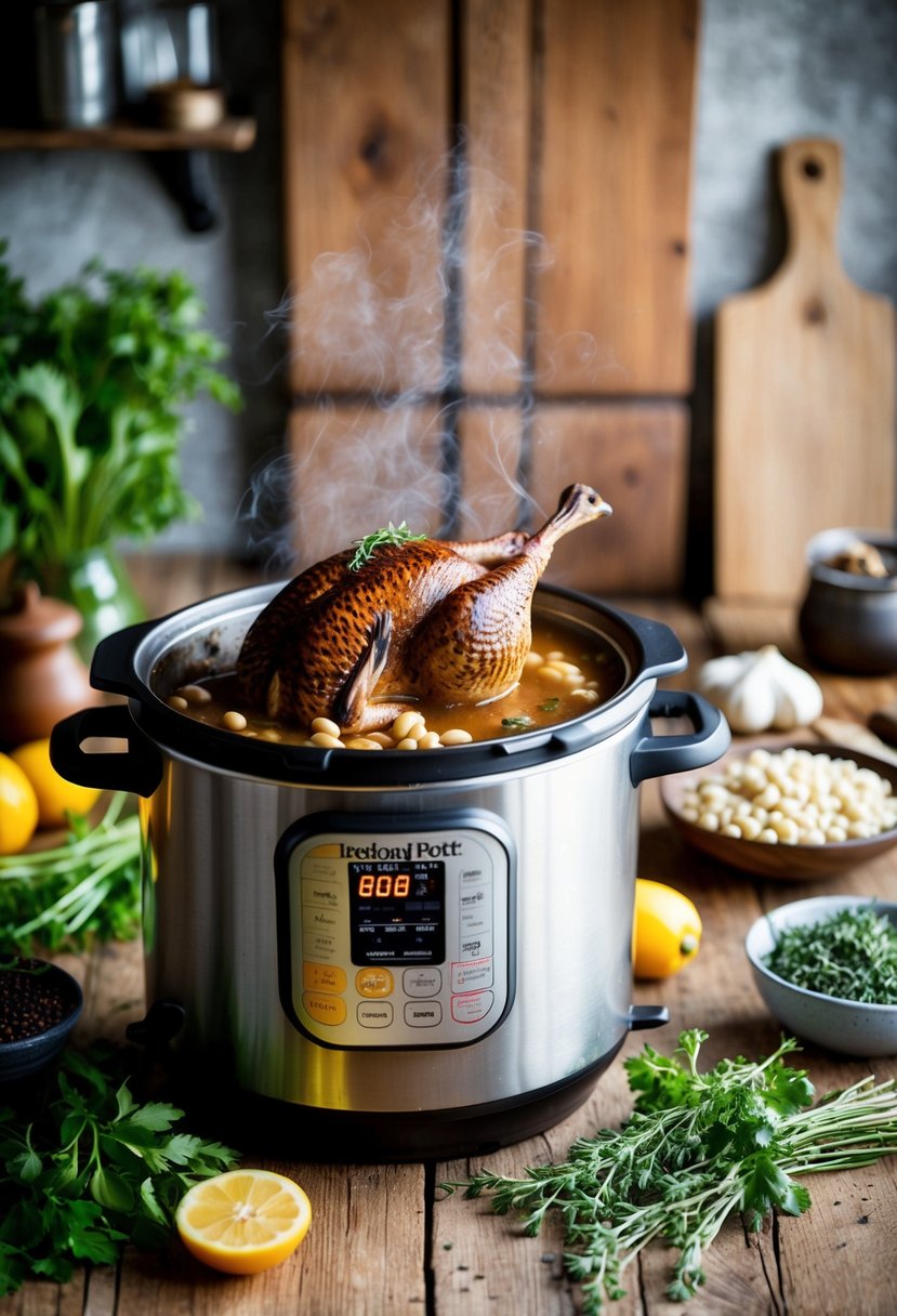 A rustic kitchen with a bubbling instant pot filled with hearty Pheasant and White Bean Stew, surrounded by fresh herbs and ingredients