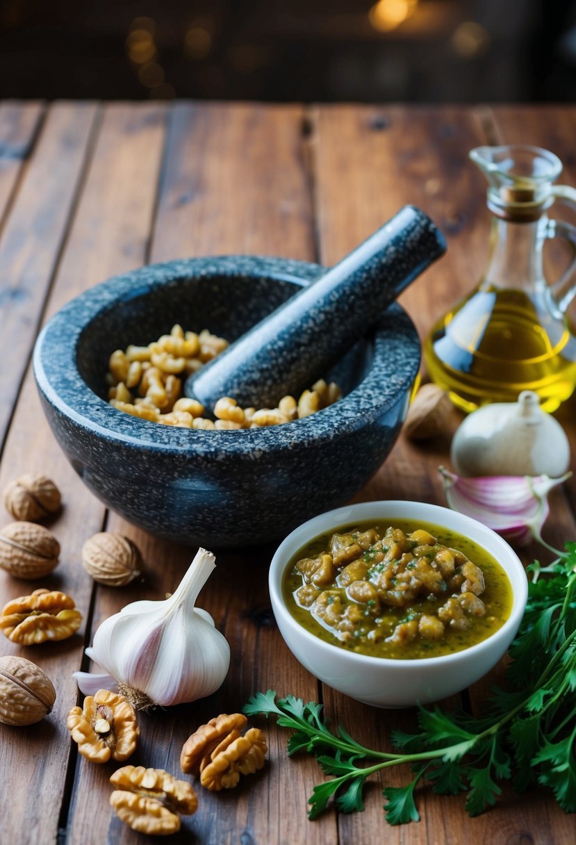 A wooden table with a mortar and pestle surrounded by walnuts, garlic, olive oil, and a bowl of freshly made Salsa di Noci