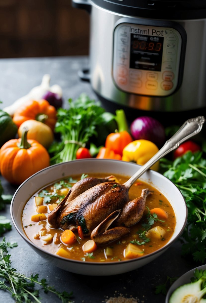 A steaming bowl of pheasant gumbo surrounded by colorful vegetables and herbs, with the Instant Pot in the background