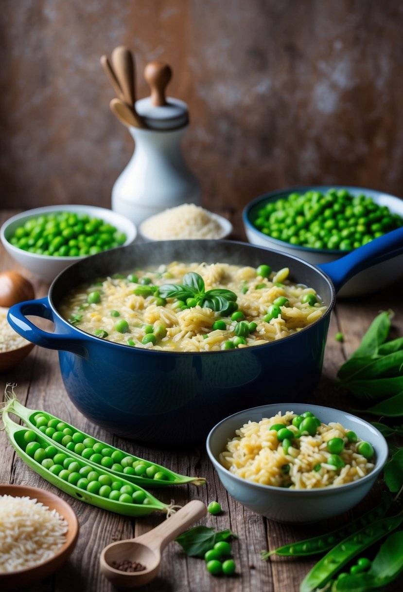 A rustic kitchen with a simmering pot of Risi e Bisi, surrounded by fresh peas, rice, and traditional Italian ingredients