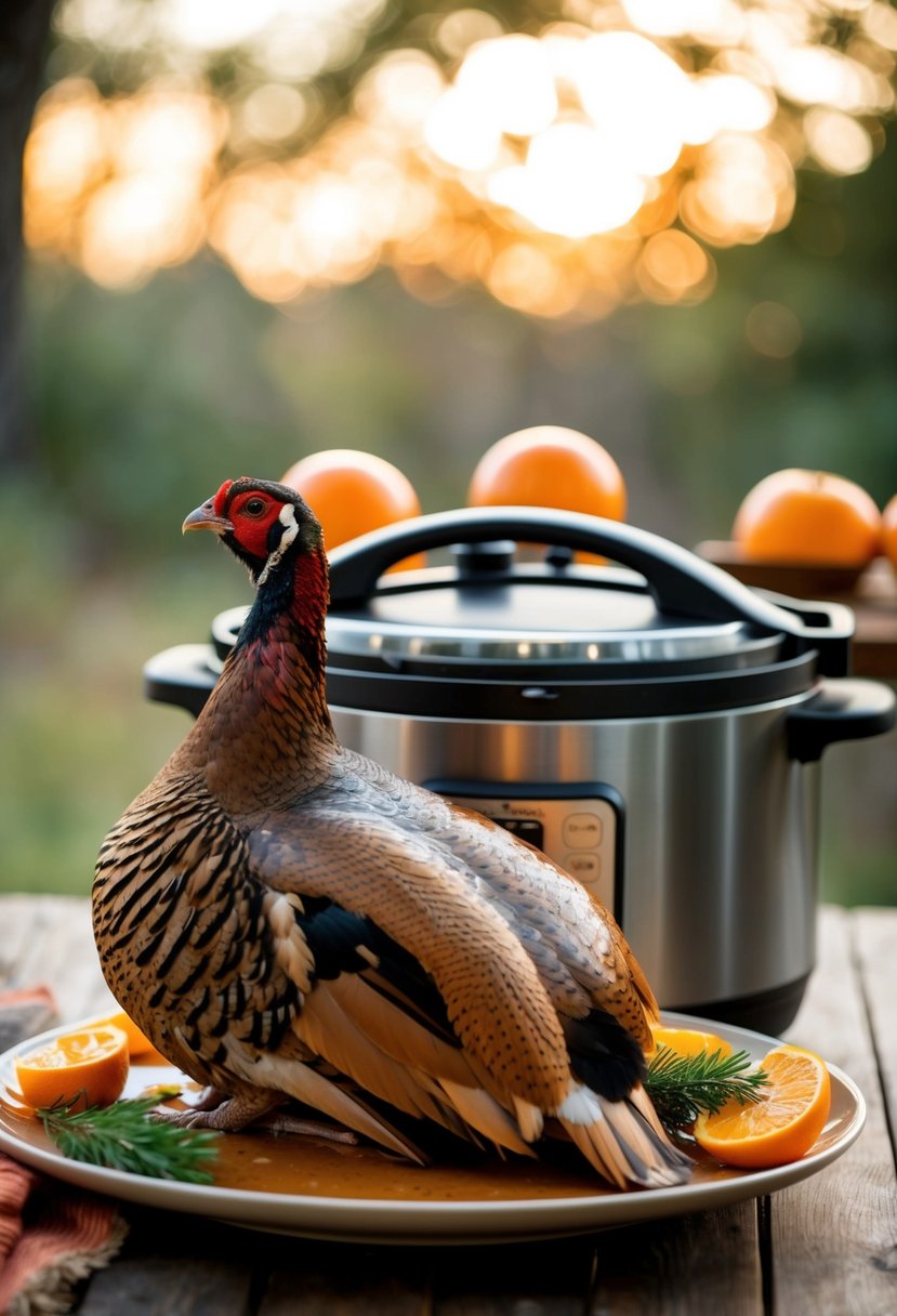 A pheasant with an orange glaze cooking in an Instant Pot