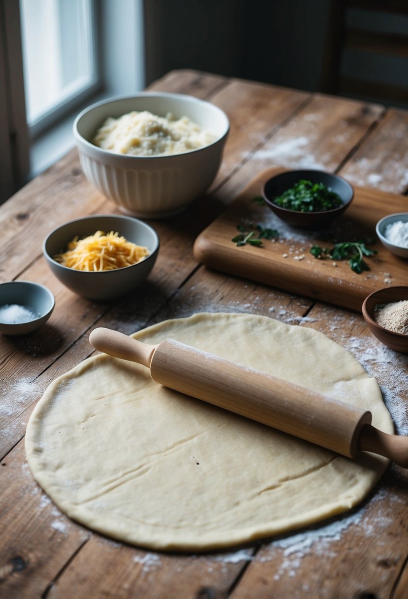 A rustic wooden table with a rolled-out piadina dough, a bowl of ingredients, and a rolling pin