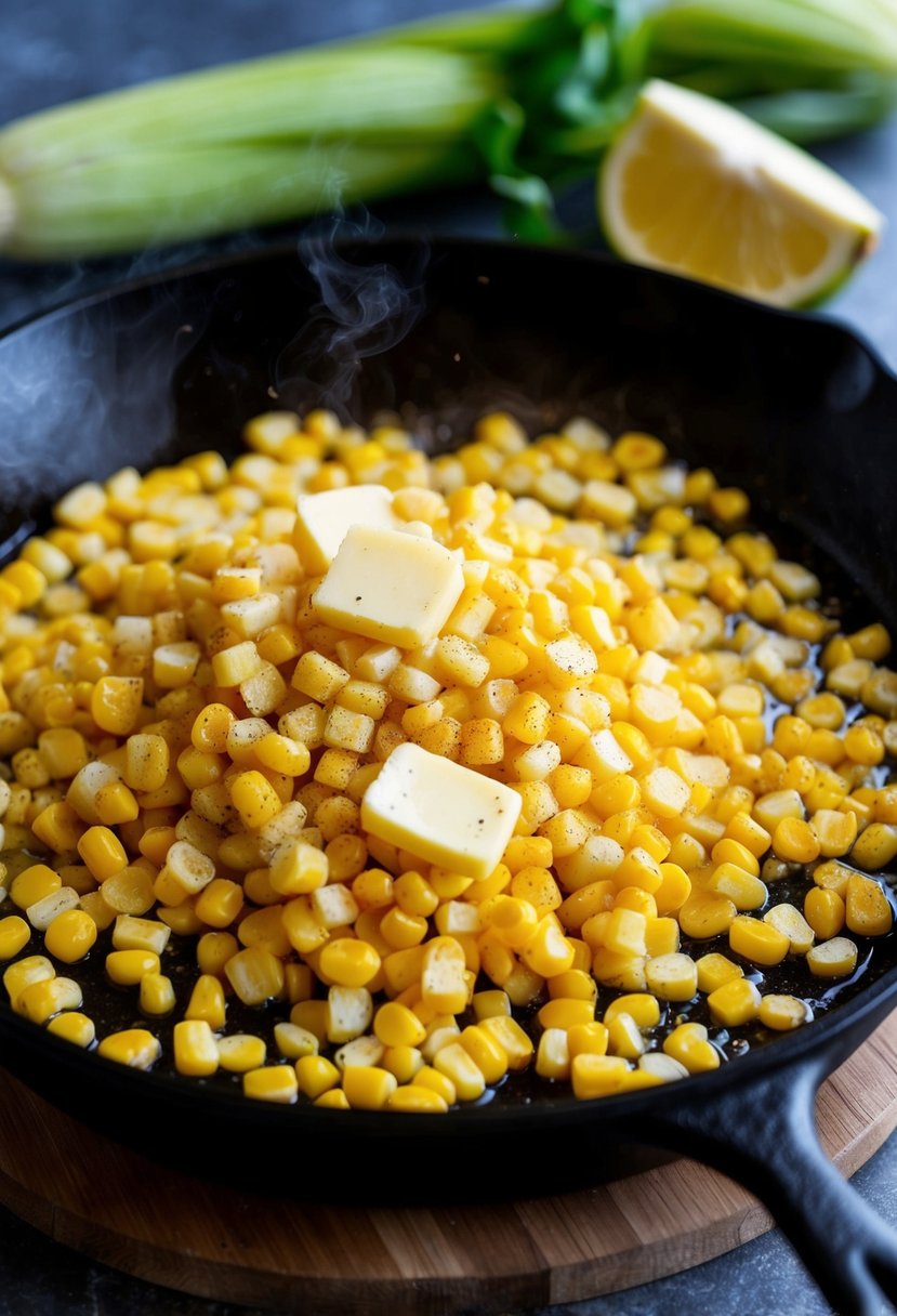 Fresh corn kernels sizzling in a hot skillet with butter and seasonings, emitting a mouthwatering aroma