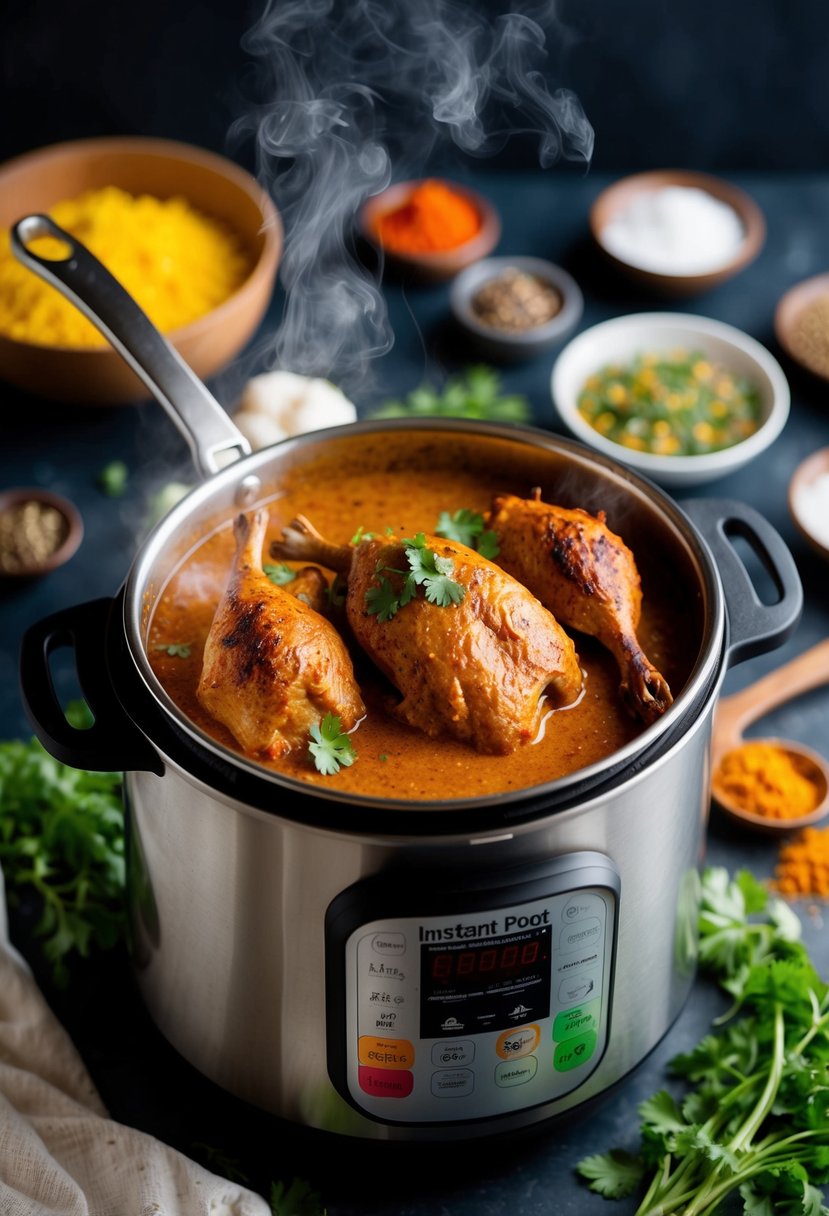 A steaming instant pot filled with aromatic Pheasant Tikka Masala, surrounded by vibrant spices and fresh herbs