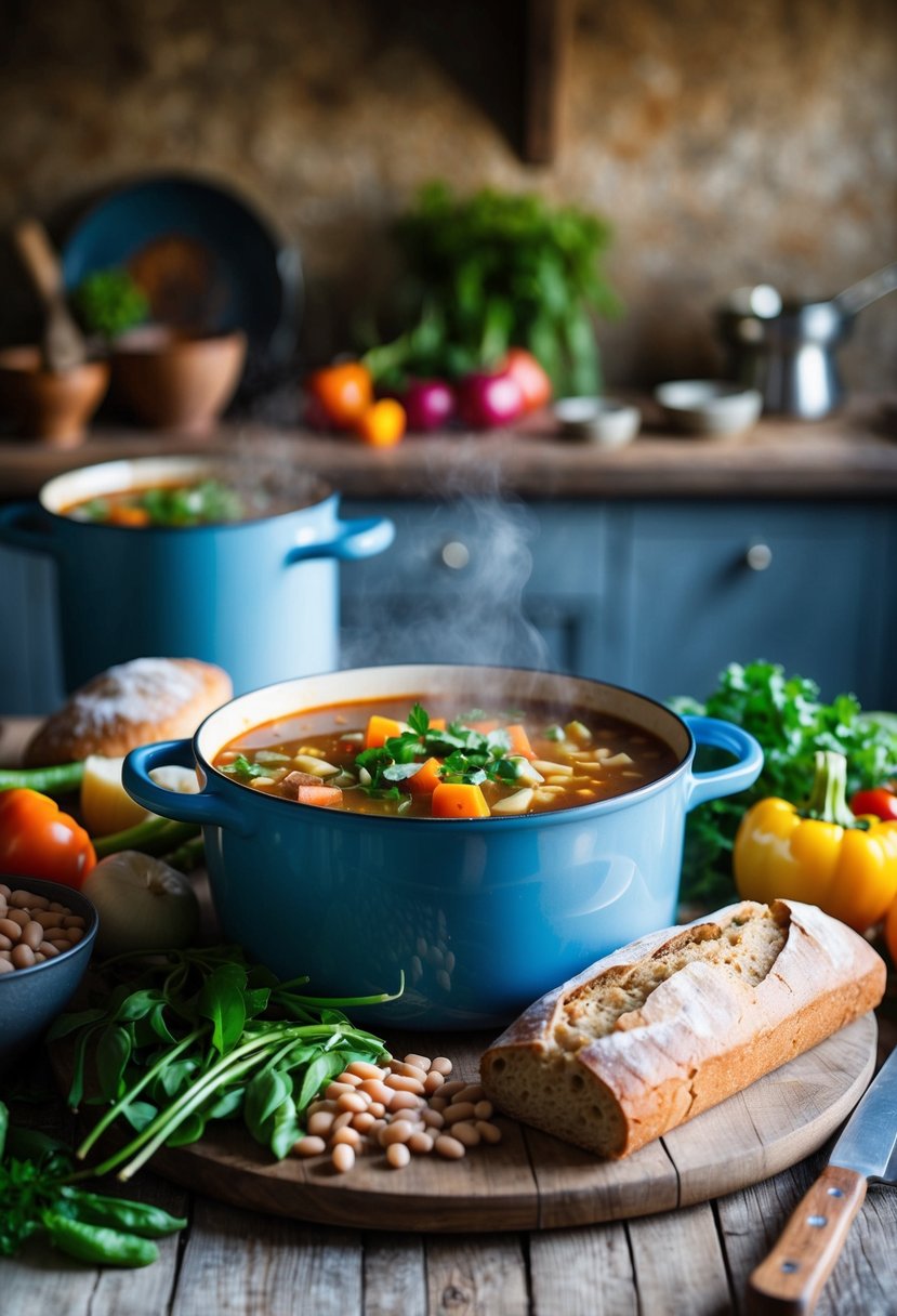 A rustic kitchen with a bubbling pot of ribollita soup, surrounded by fresh vegetables, beans, and a loaf of crusty bread