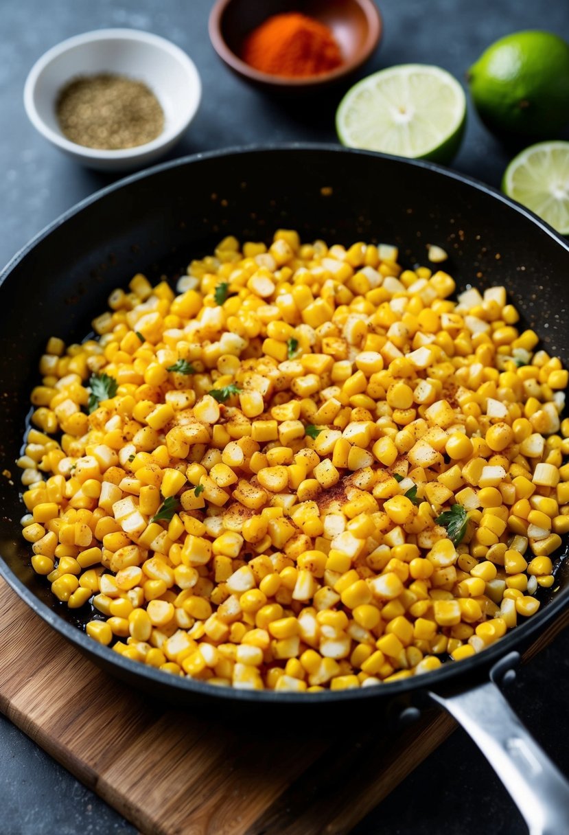 Fresh corn kernels sizzling in a skillet with chili, lime, and spices