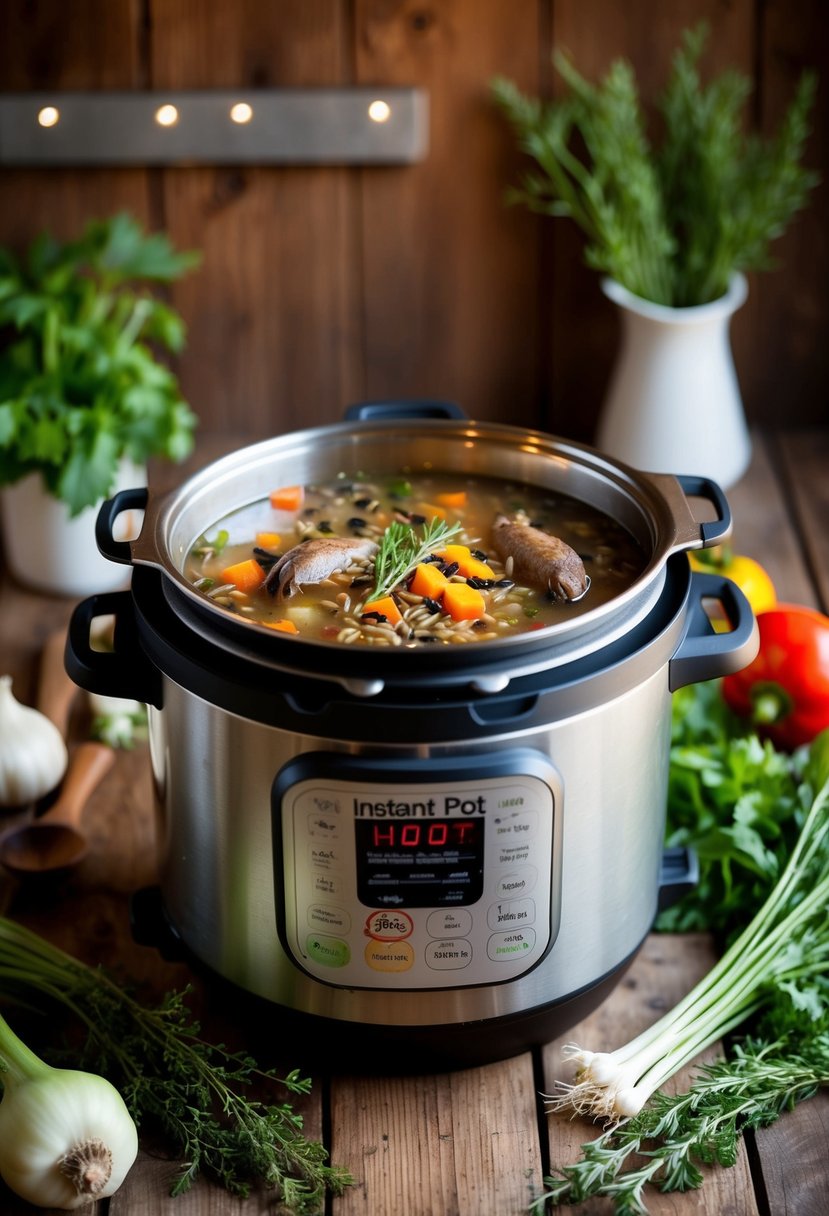 A rustic kitchen with an Instant Pot simmering wild rice pheasant soup, surrounded by fresh vegetables and herbs