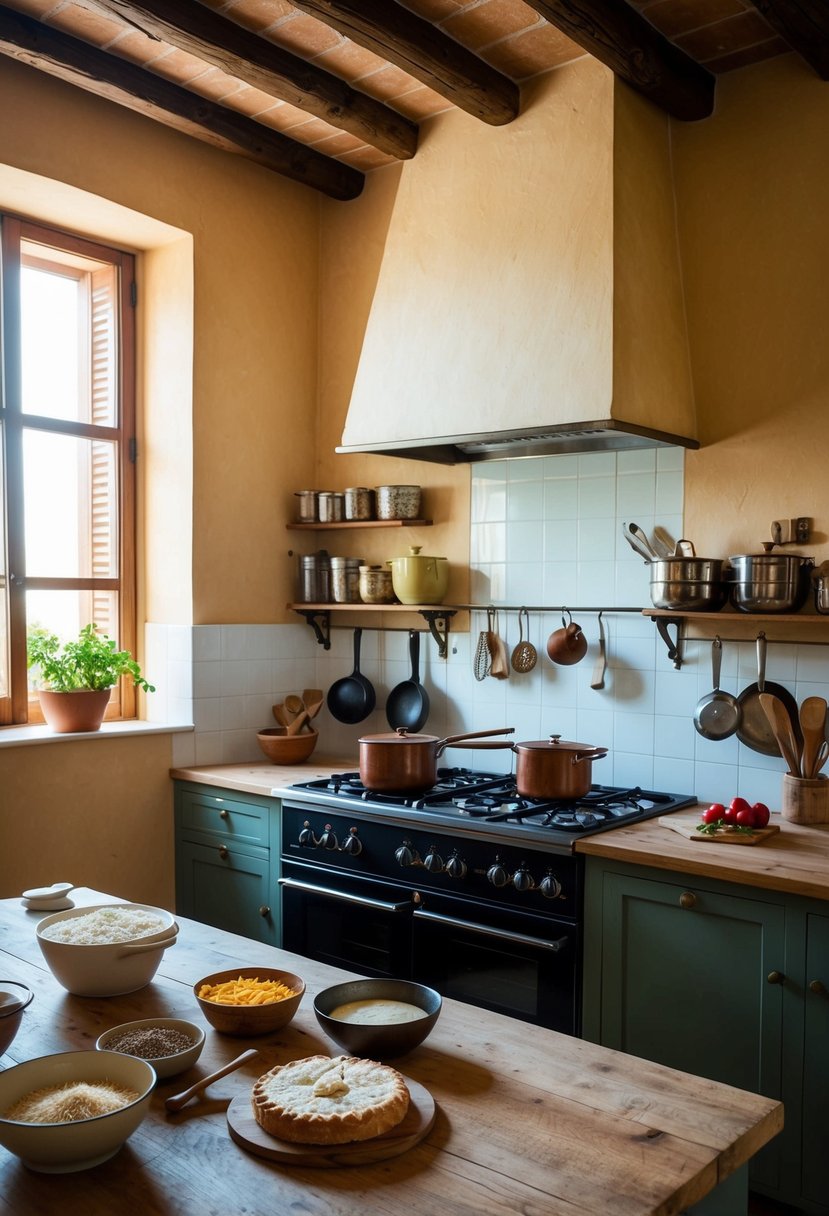 A rustic kitchen with vintage cookware and ingredients for making Torta Barozzi