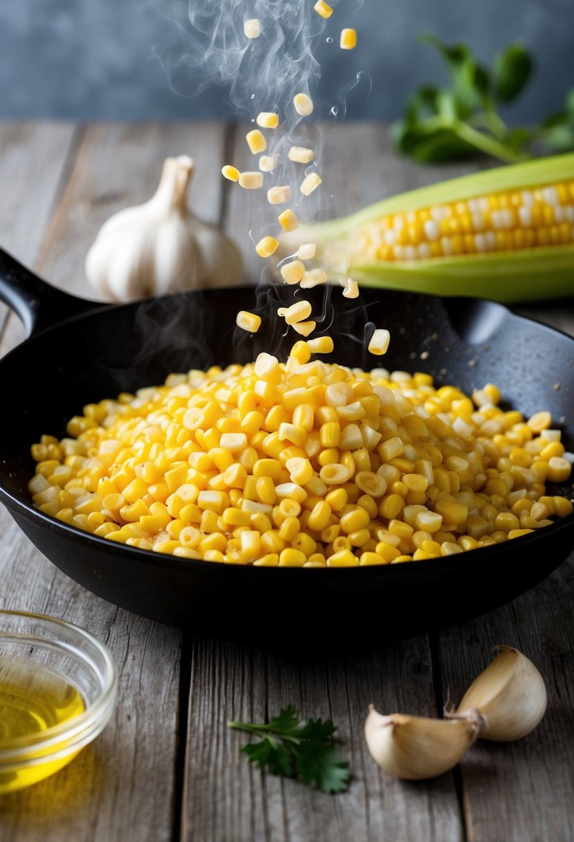 Fresh corn kernels sizzling in a skillet with garlic and butter, releasing a mouthwatering aroma