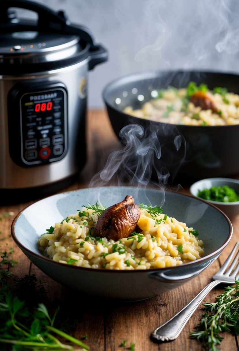 A steaming bowl of creamy pheasant risotto surrounded by fresh herbs and a pressure cooker in the background