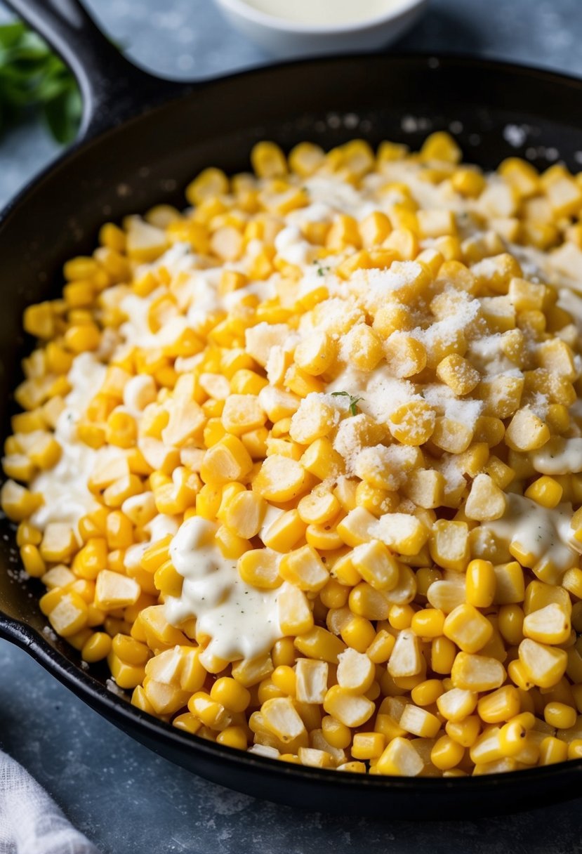 A skillet filled with sauteed corn kernels mixed with creamy Parmesan sauce