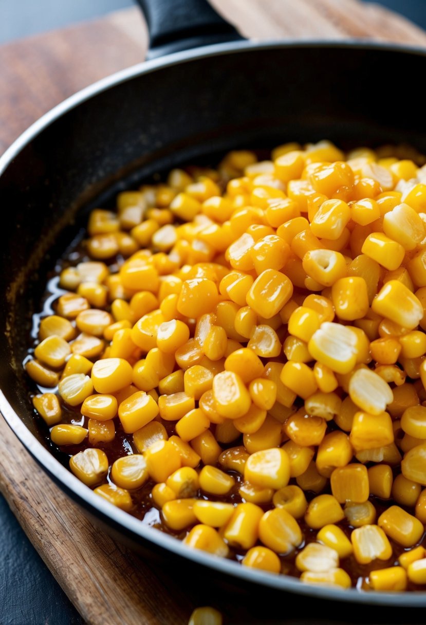 A skillet sizzling with golden corn kernels coated in a sticky, honey glaze