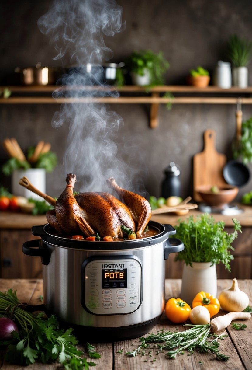 A rustic kitchen with a steaming instant pot filled with Pheasant Coq au Vin, surrounded by fresh herbs and vegetables