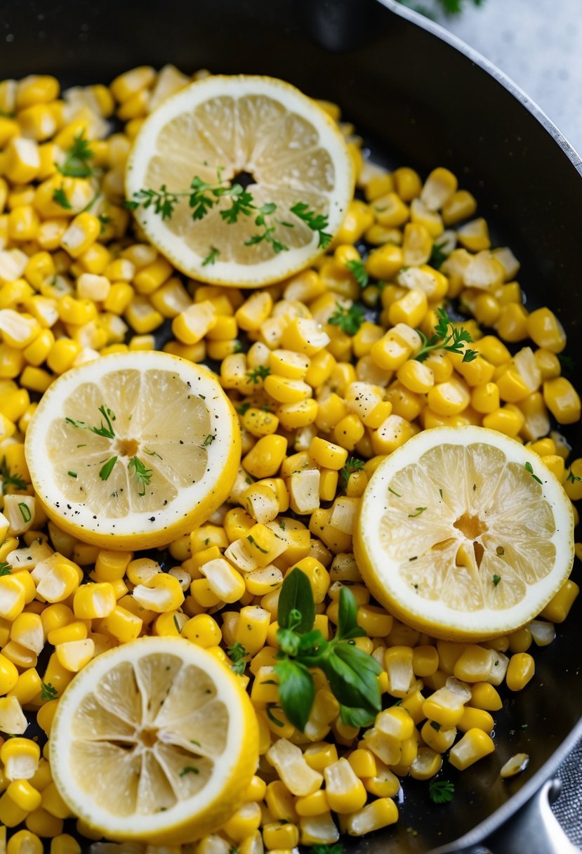 Fresh corn kernels sizzling in a skillet with lemon slices, herbs, and cracked black pepper