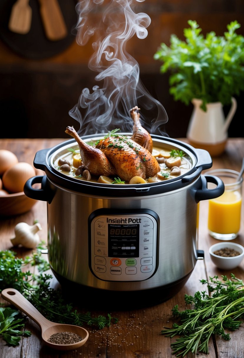 A rustic kitchen with a steaming Instant Pot filled with savory pheasant and mushroom stroganoff, surrounded by fresh herbs and spices