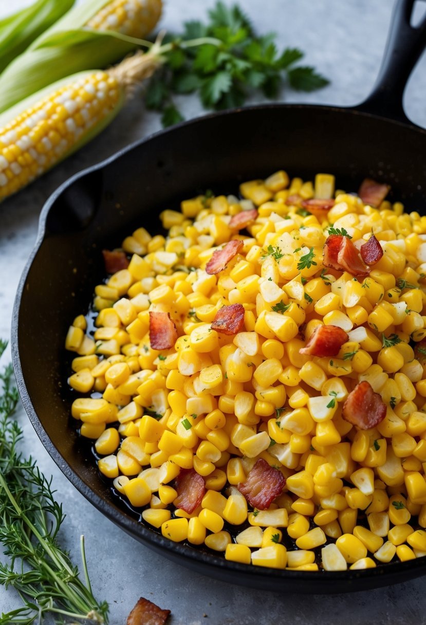 Fresh corn kernels sizzling in a skillet with crispy bacon bits and aromatic herbs